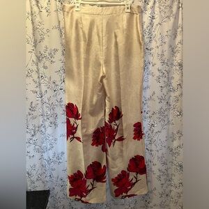 Cream, floral, silk dress pants, high waisted